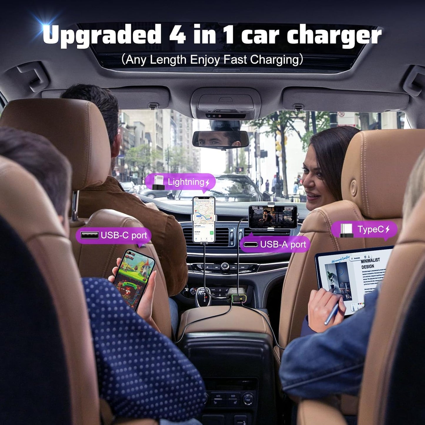 2025 m. naujas modelis su ištraukiamu „Starlight“ 4 viename automobiliniu greituoju mobiliojo telefono įkrovikliu-LT