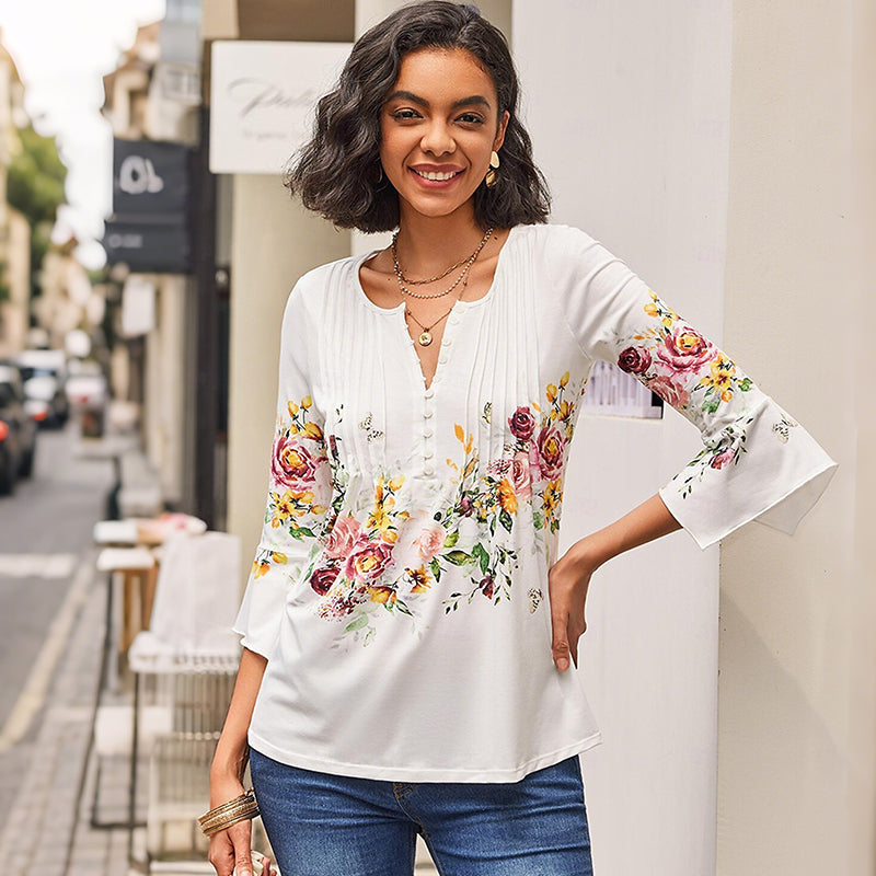 Camisa estampada con cuello en V para mujer-ES