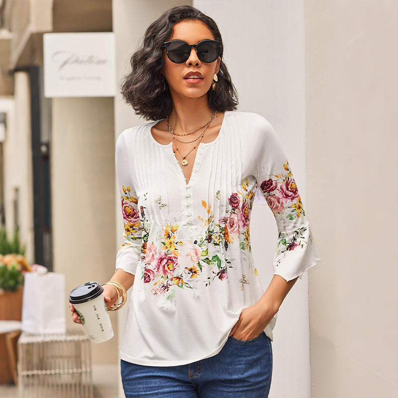 Camisa estampada con cuello en V para mujer-ES