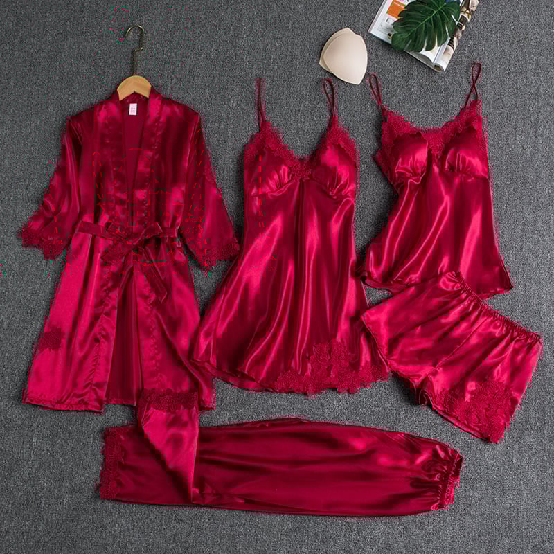 🔥🌹Oferta de San Valentín💕 Camisón sexy de seda helada de 5 piezas para mujer-ES