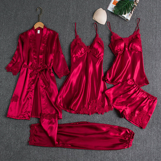 🔥🌹Oferta de San Valentín💕 Camisón sexy de seda helada de 5 piezas para mujer-ES