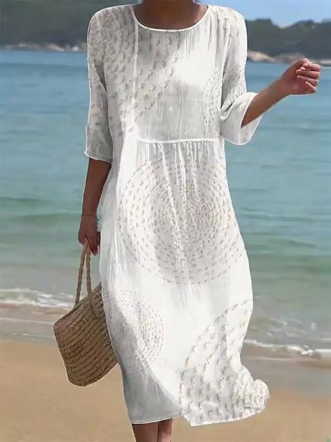 Vestido informal de algodón y lino con cuello redondo, manga corta y estampado floral para mujer, color liso-ES