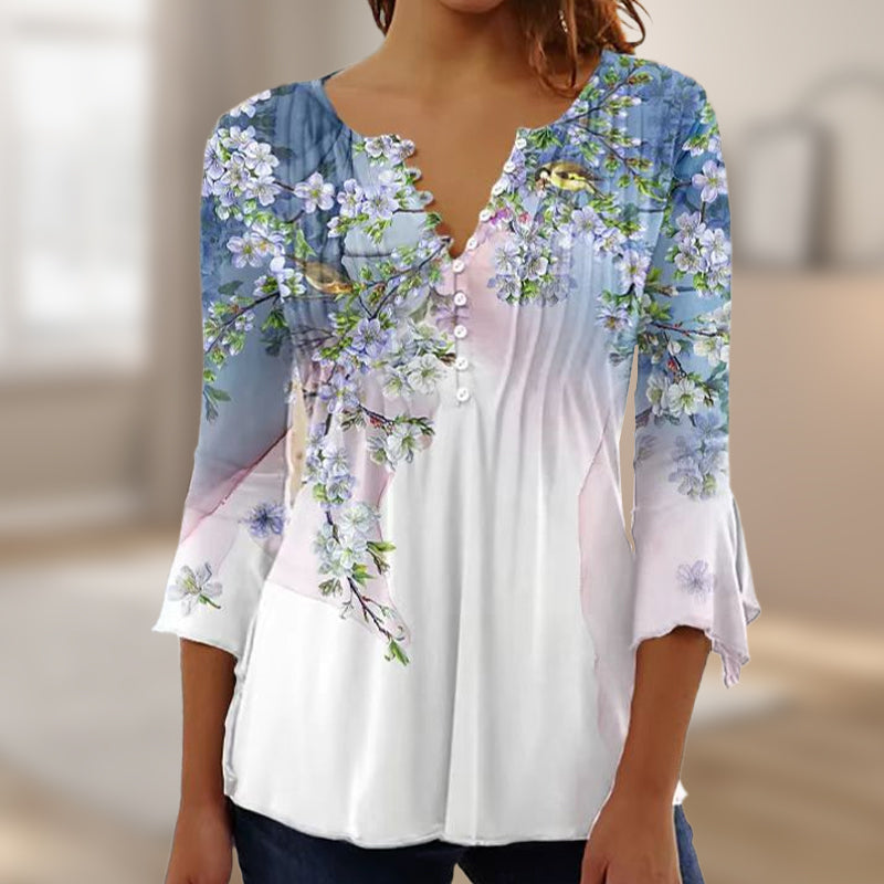 Camisa estampada con cuello en V para mujer-ES