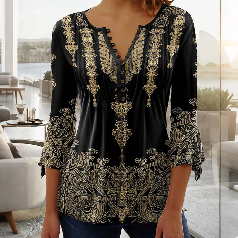 Camisa estampada con cuello en V para mujer-ES