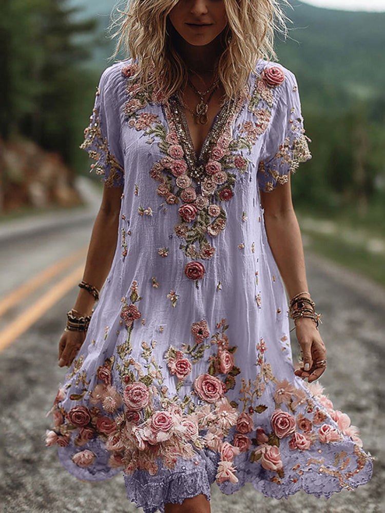 Vestido vintage de manga corta con bordado floral-ES