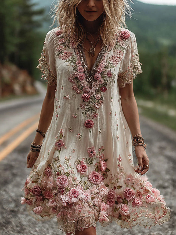 Vestido vintage de manga corta con bordado floral-ES