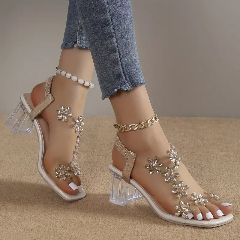 🔥Oferta de último día 50% de descuento - Sandalias de mujer con flores y pedrería-ES
