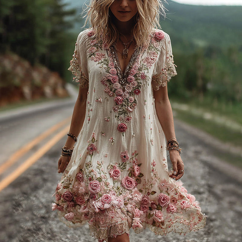 Vestido vintage de manga corta con bordado floral-ES