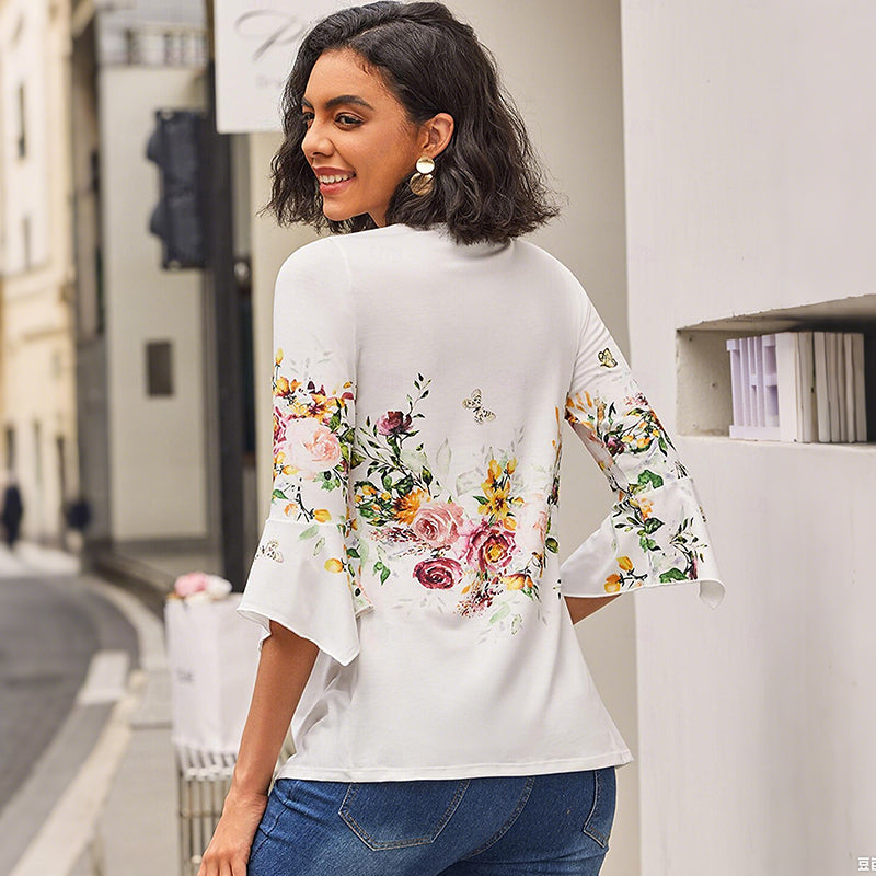 Camisa estampada con cuello en V para mujer-ES