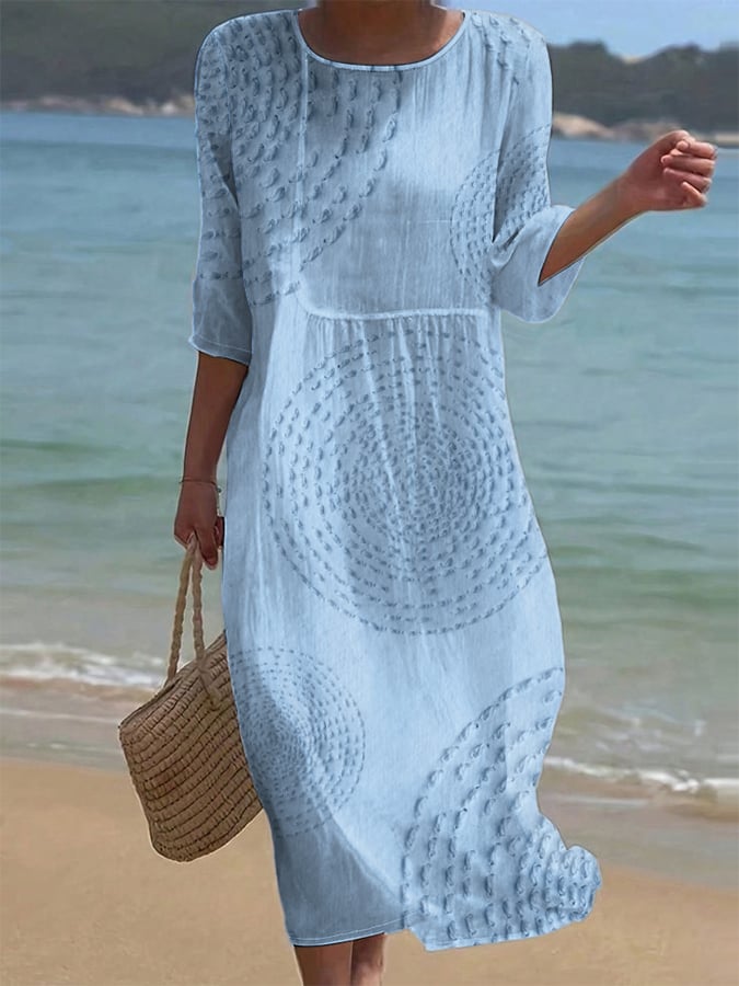 Vestido informal de algodón y lino con cuello redondo, manga corta y estampado floral para mujer, color liso-ES