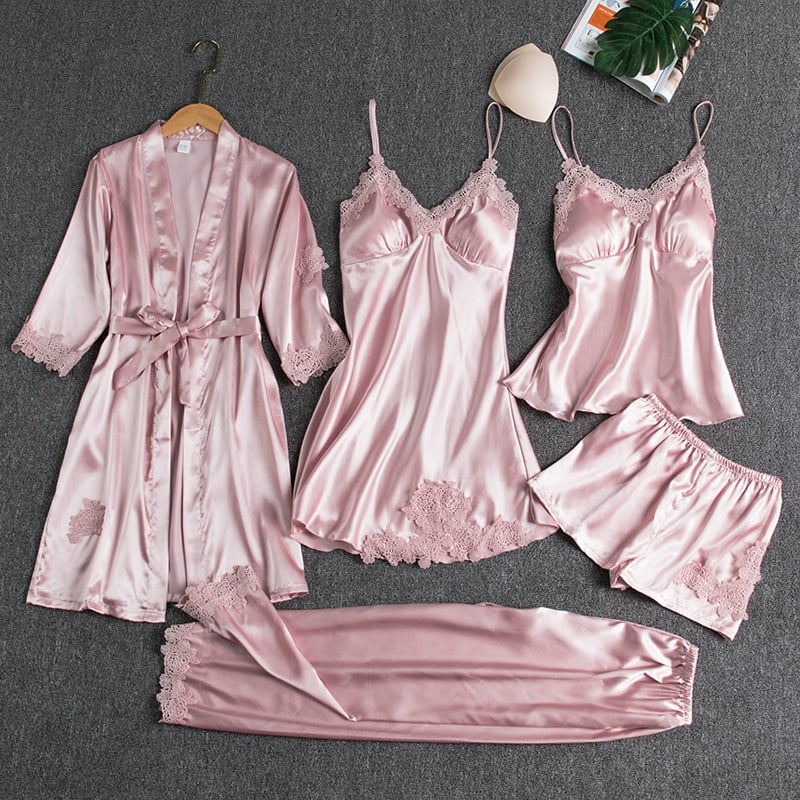 🔥🌹Oferta de San Valentín💕 Camisón sexy de seda helada de 5 piezas para mujer-ES