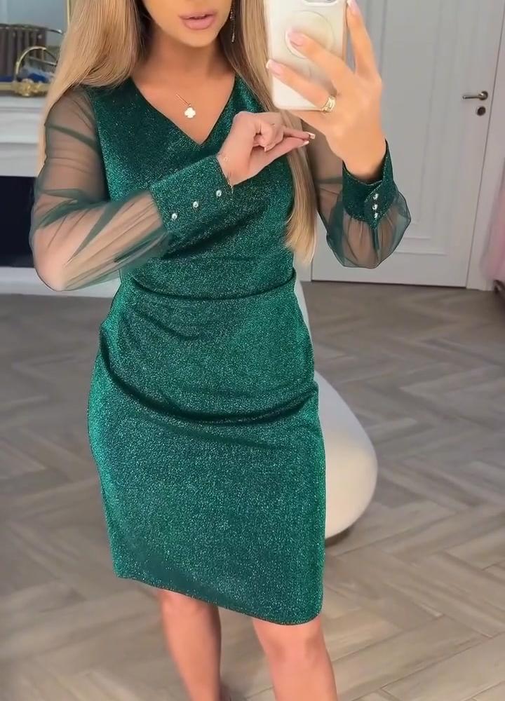 Svetleča obleka z V-izrezom in detajli iz patchworka-SI