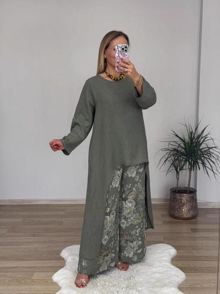 Conjunto casual de top irregular y pantalón ancho en algodón y lino-ES