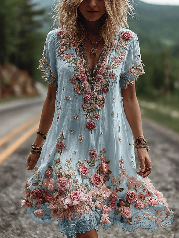 Vestido vintage de manga corta con bordado floral-ES