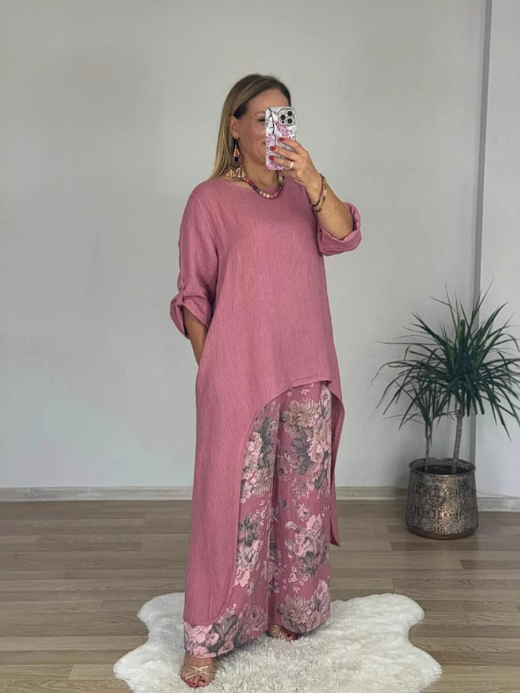 Conjunto casual de top irregular y pantalón ancho en algodón y lino-ES