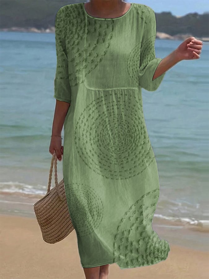 Vestido informal de algodón y lino con cuello redondo, manga corta y estampado floral para mujer, color liso-ES