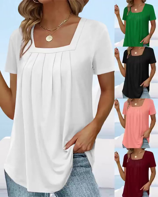 🎁Μονόχρωμο κοντομάνικο μπλουζάκι με τετράγωνη λαιμόκοψη-GR