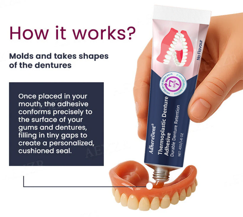 (🔥Compra 1, llévate 1 gratis🔥)Adhesivo termoplástico para dentaduras postizas AdhereDent, fijación permanente para dentaduras postizas-ES
