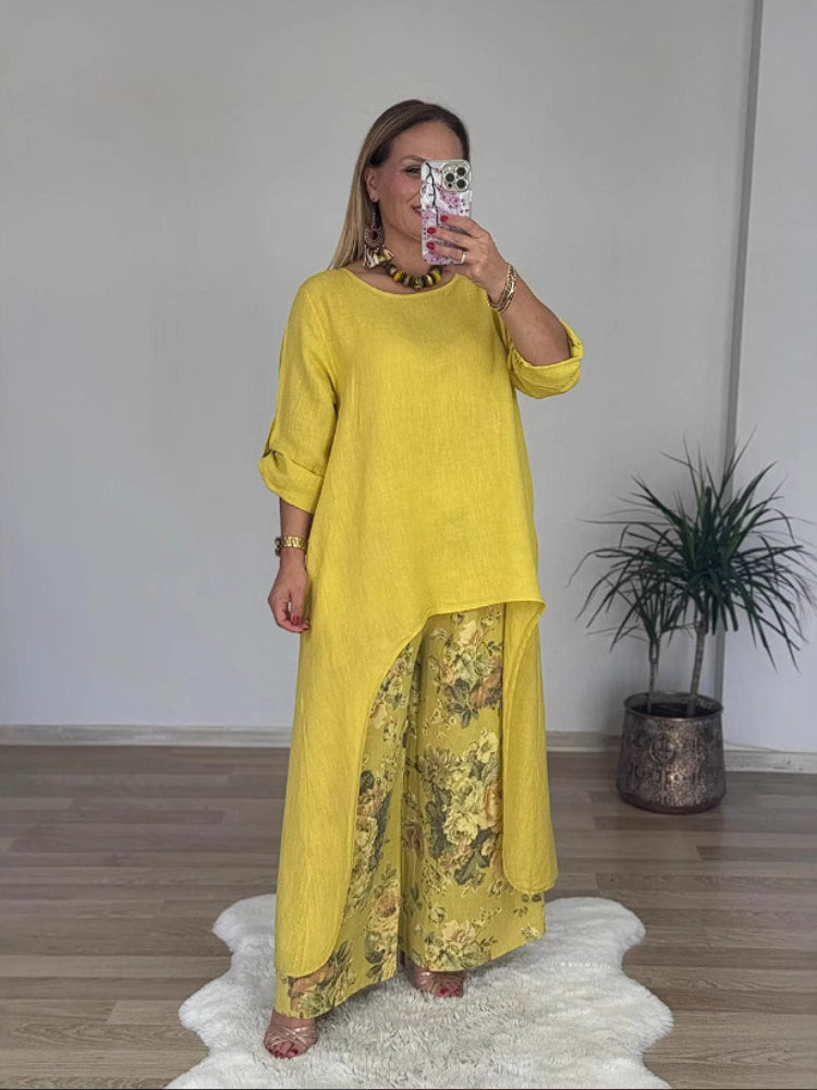 Conjunto casual de top irregular y pantalón ancho en algodón y lino-ES