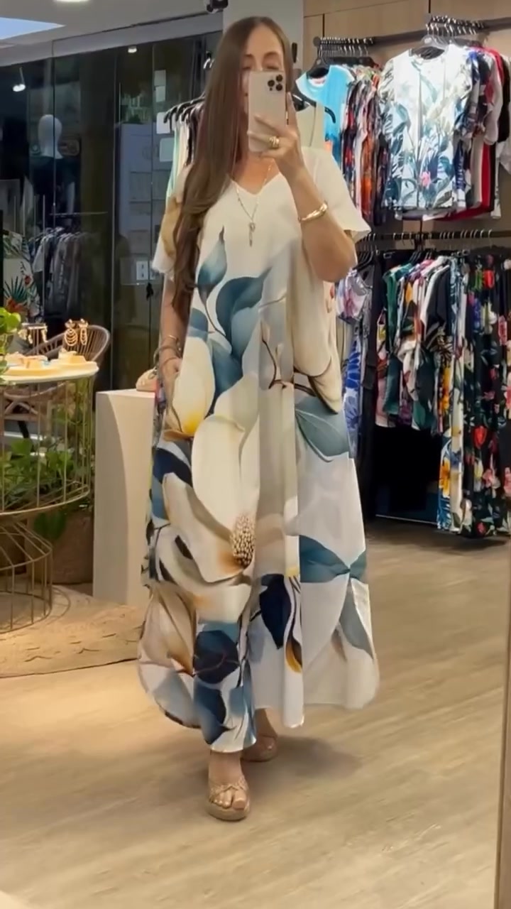 Γυναικείο χαλαρό, casual φόρεμα με V ντεκολτέ, τύπωμα και κοντά μανίκια-GR