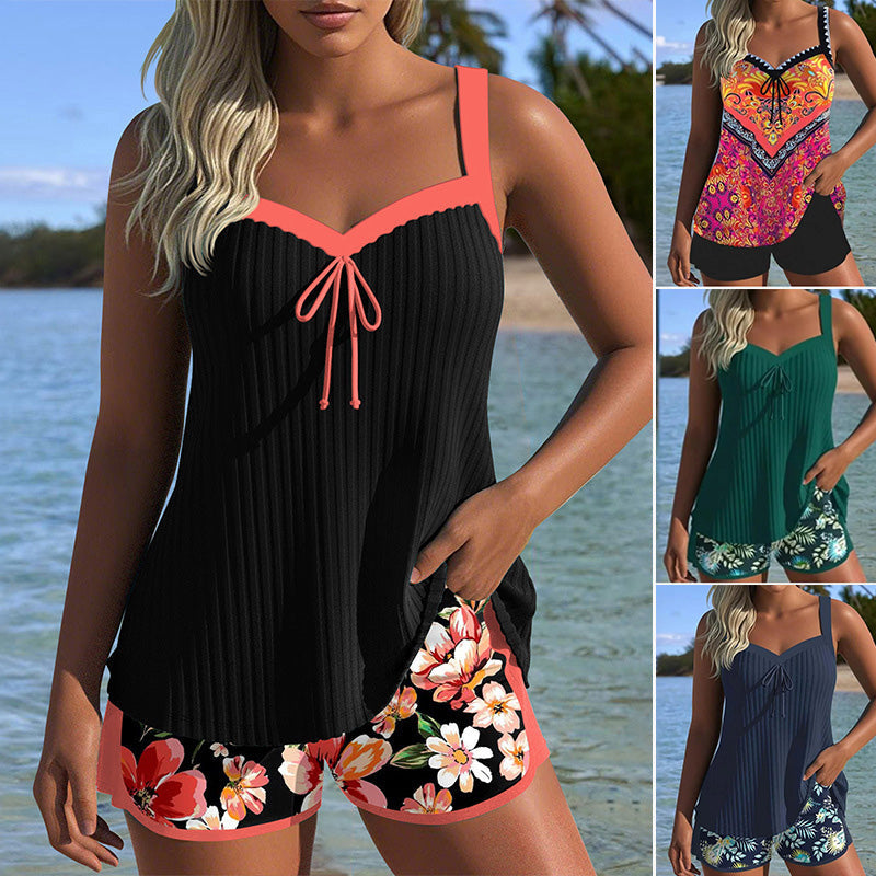 【S-3XL】👙Conjunto de top y pantalones cortos de traje de baño estampado-ES