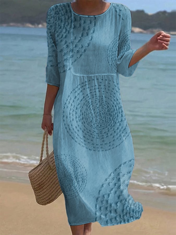 Vestido informal de algodón y lino con cuello redondo, manga corta y estampado floral para mujer, color liso-ES