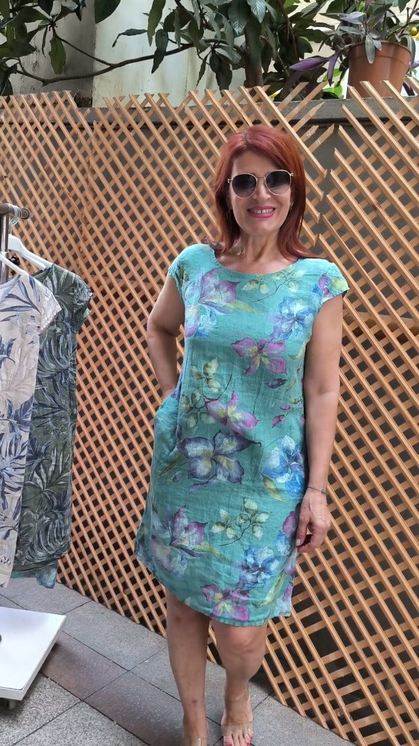 👗 Φόρεμα με σχέδιο, φαρδιά μανίκια και στρογγυλή λαιμόκοψη-GR