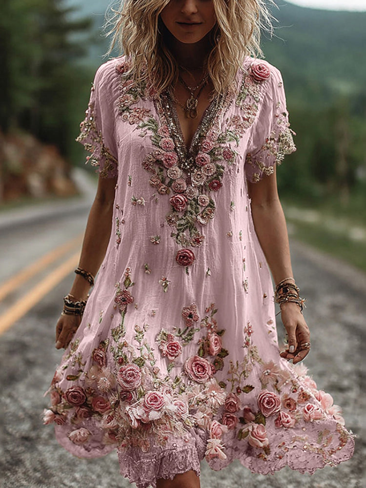 Vestido vintage de manga corta con bordado floral-ES