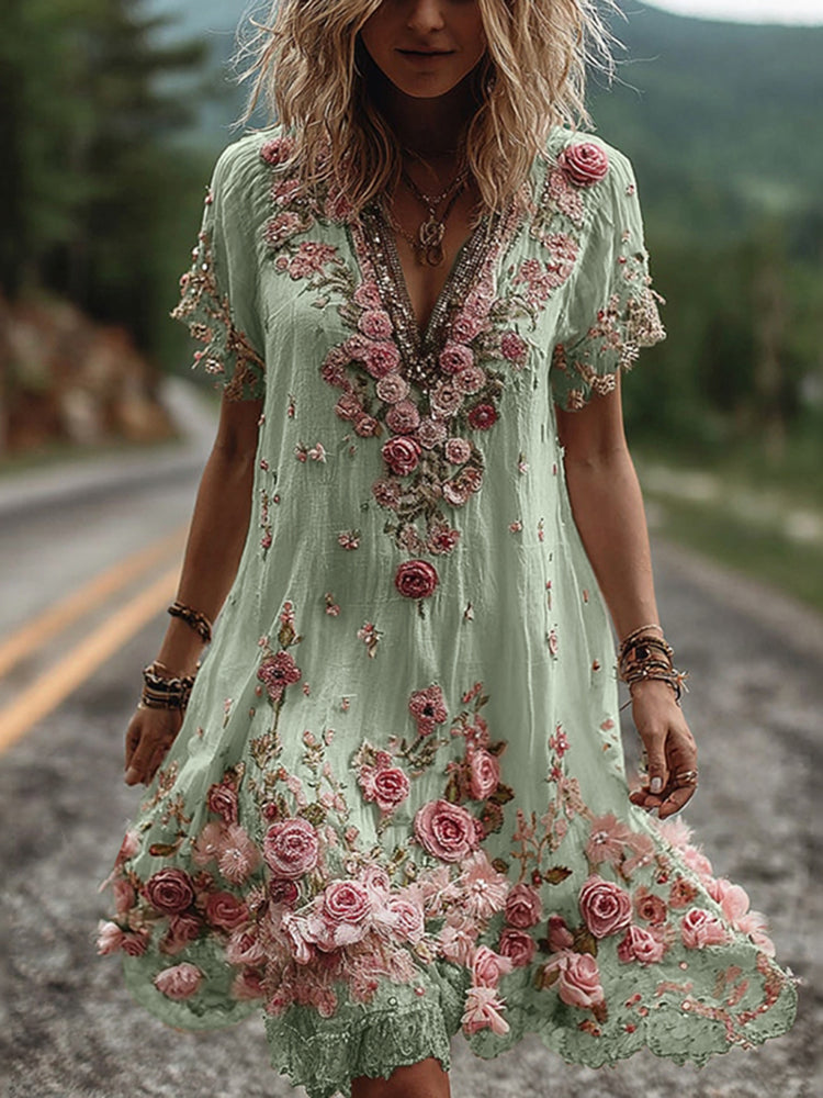 Vestido vintage de manga corta con bordado floral-ES
