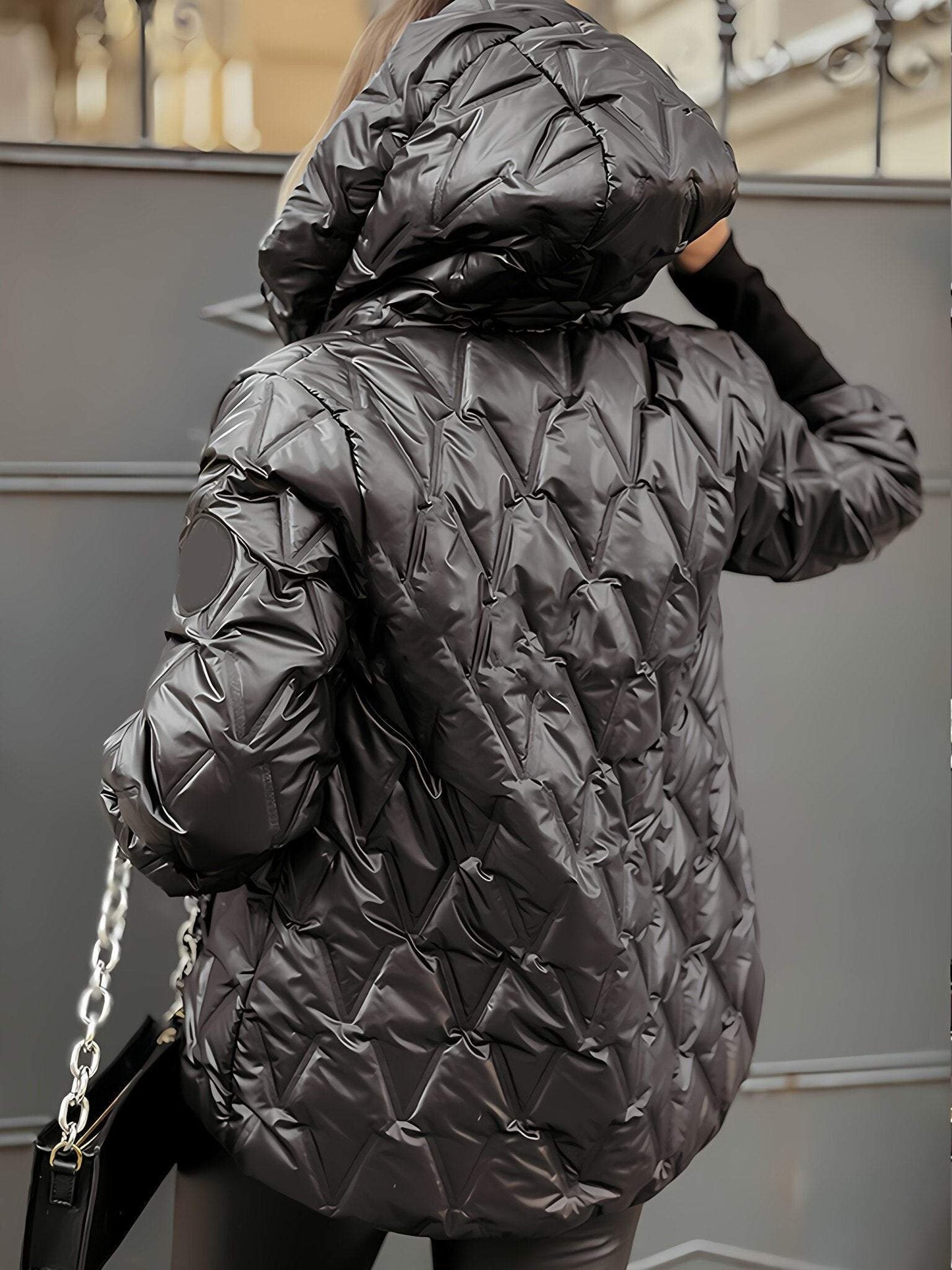Chaqueta de algodón para mujer con capucha y manga larga para otoño e invierno con estampado de patchwork de rombos.-ES