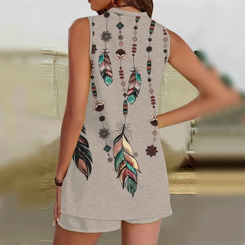 【L-4XL】🌸Conjunto de dos piezas sin mangas con estampado y escote en pico-ES