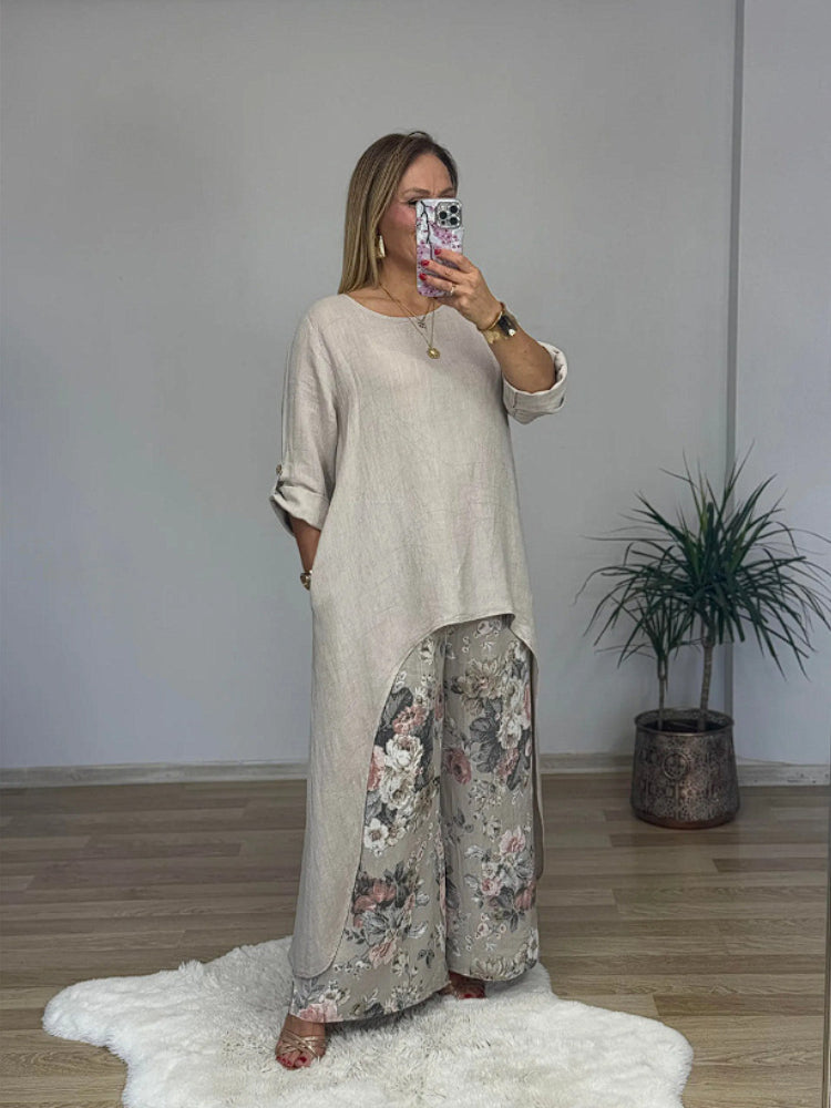 Conjunto casual de top irregular y pantalón ancho en algodón y lino-ES