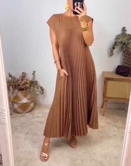 💕Naiste plisseeritud ühevärviline kleit👗-EE