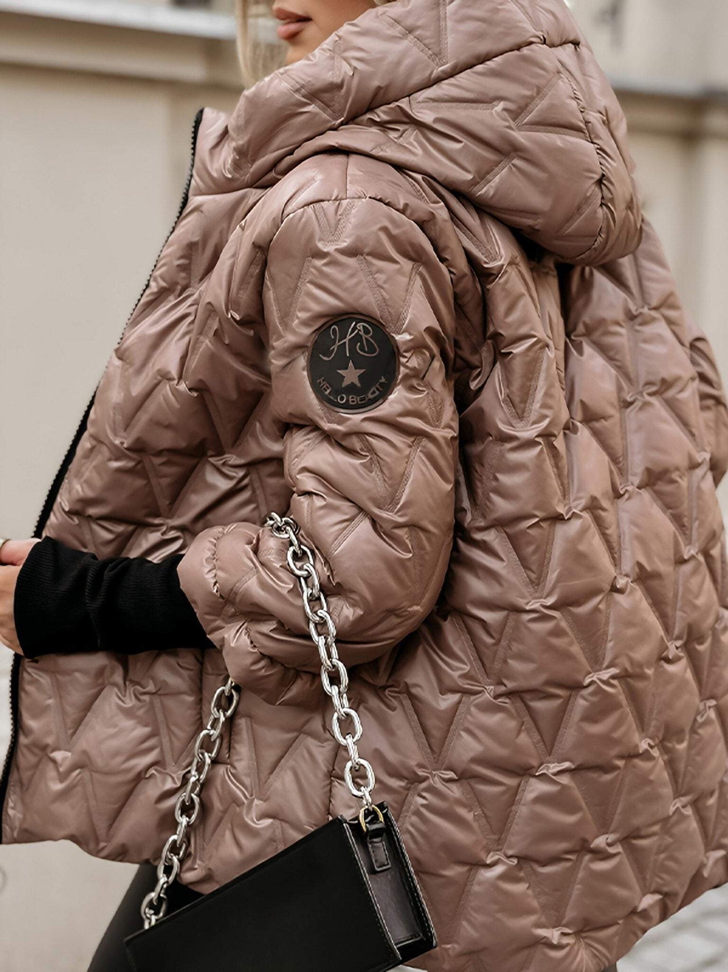 Chaqueta de algodón para mujer con capucha y manga larga para otoño e invierno con estampado de patchwork de rombos.-ES