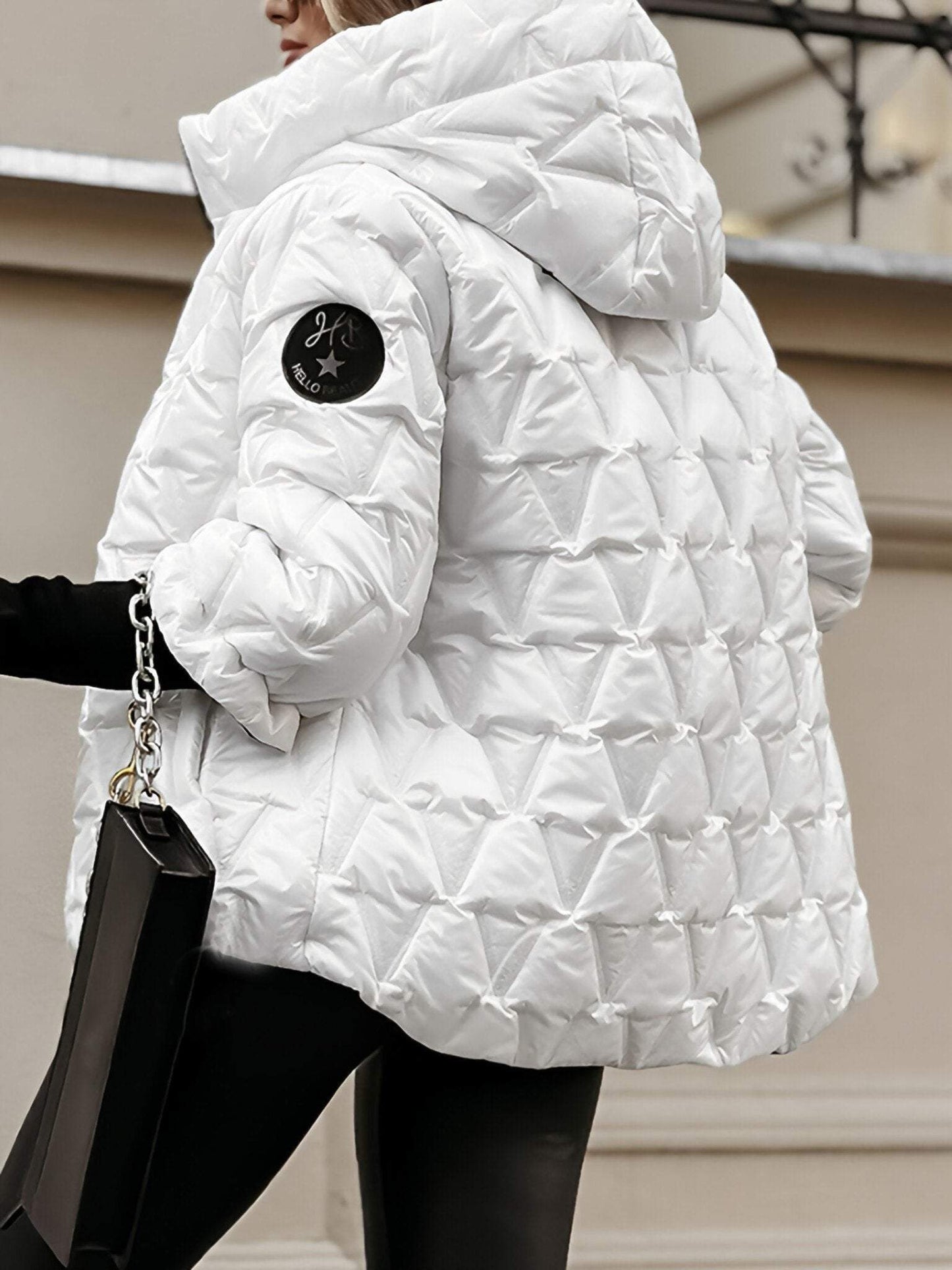 Chaqueta de algodón para mujer con capucha y manga larga para otoño e invierno con estampado de patchwork de rombos.-ES