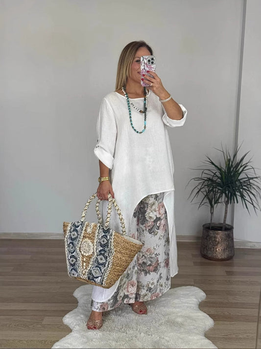 Conjunto casual de top irregular y pantalón ancho en algodón y lino-ES