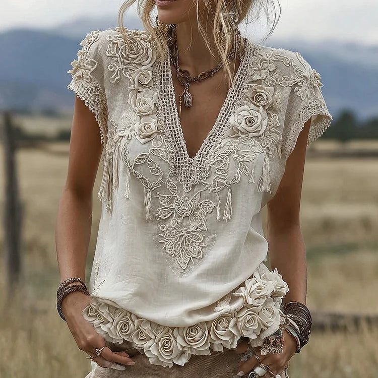 Camiseta de mujer de mezcla de lino de manga corta con cuello en V y bordado de rosas-ES