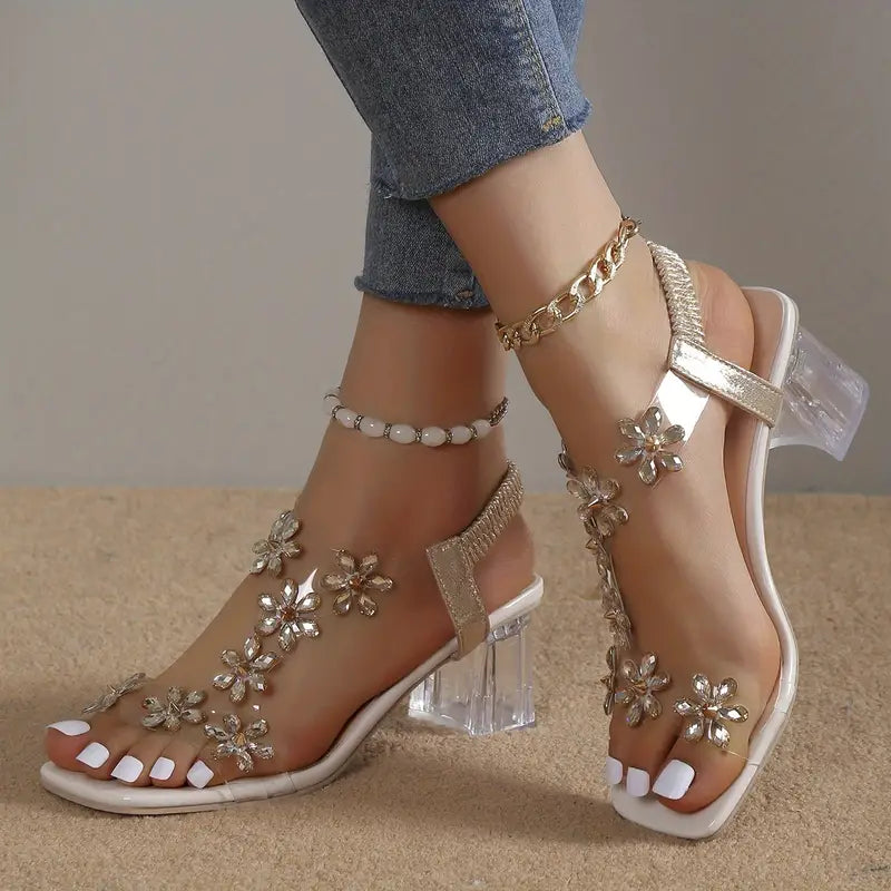 🔥Oferta de último día 50% de descuento - Sandalias de mujer con flores y pedrería-ES