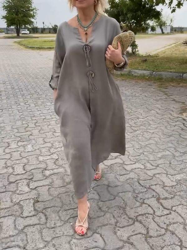 🎁👗Šaty s výstrihom do V z bavlny a ľanu-SK