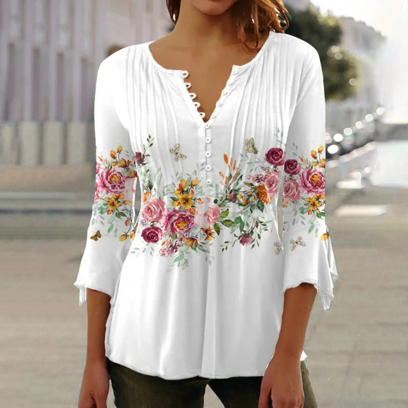 Camisa estampada con cuello en V para mujer-ES