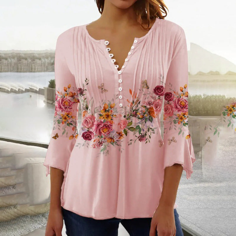 Camisa estampada con cuello en V para mujer-ES