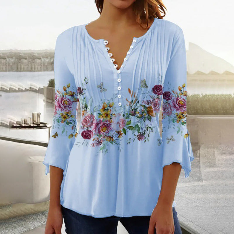 Camisa estampada con cuello en V para mujer-ES