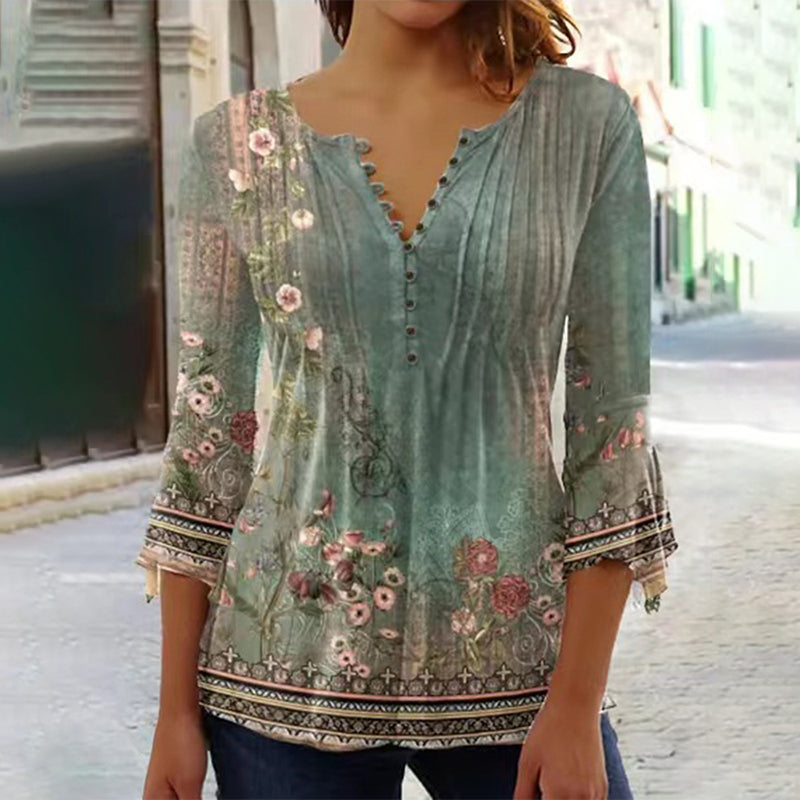 Camisa estampada con cuello en V para mujer-ES