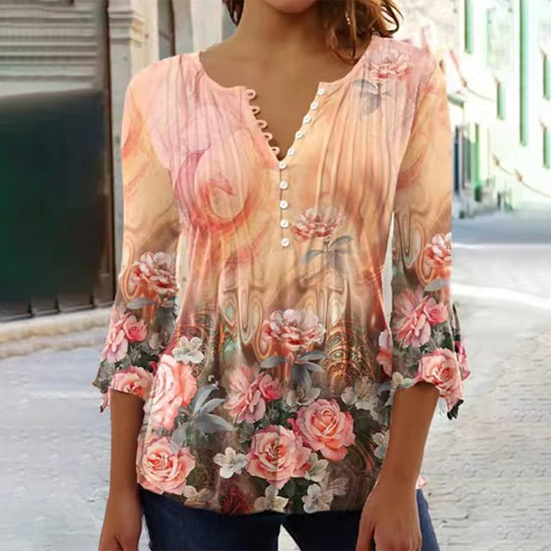 Camisa estampada con cuello en V para mujer-ES