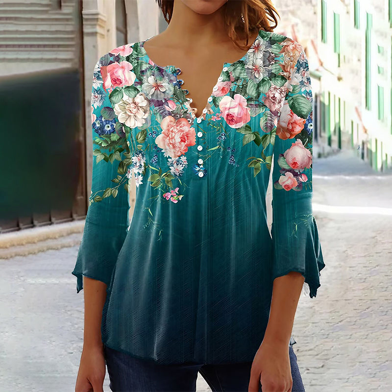 Camisa estampada con cuello en V para mujer-ES
