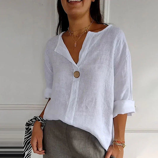 🌸 Cómodo top de mujer de lino y algodón con escote en pico🍃-ES