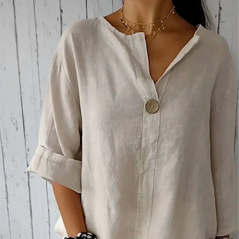 🌸 Cómodo top de mujer de lino y algodón con escote en pico🍃-ES