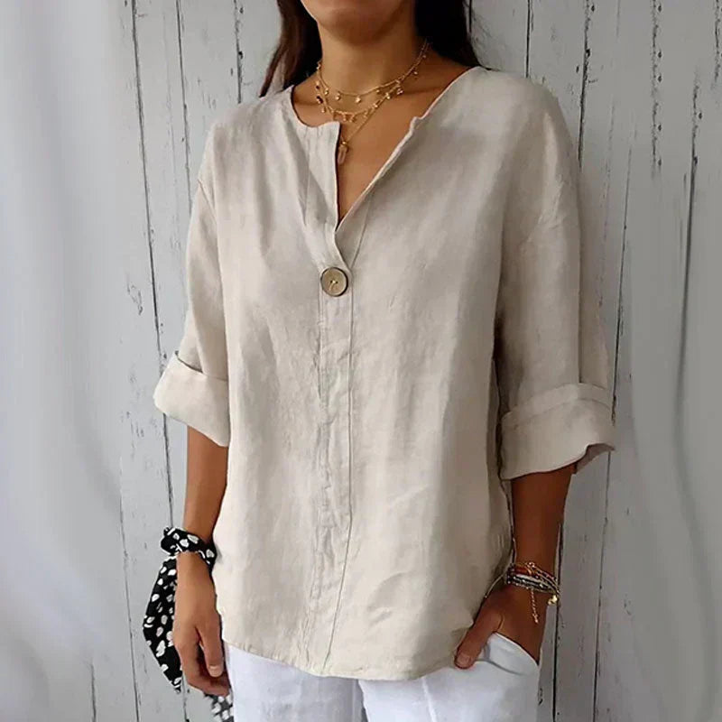 🌸 Cómodo top de mujer de lino y algodón con escote en pico🍃-ES