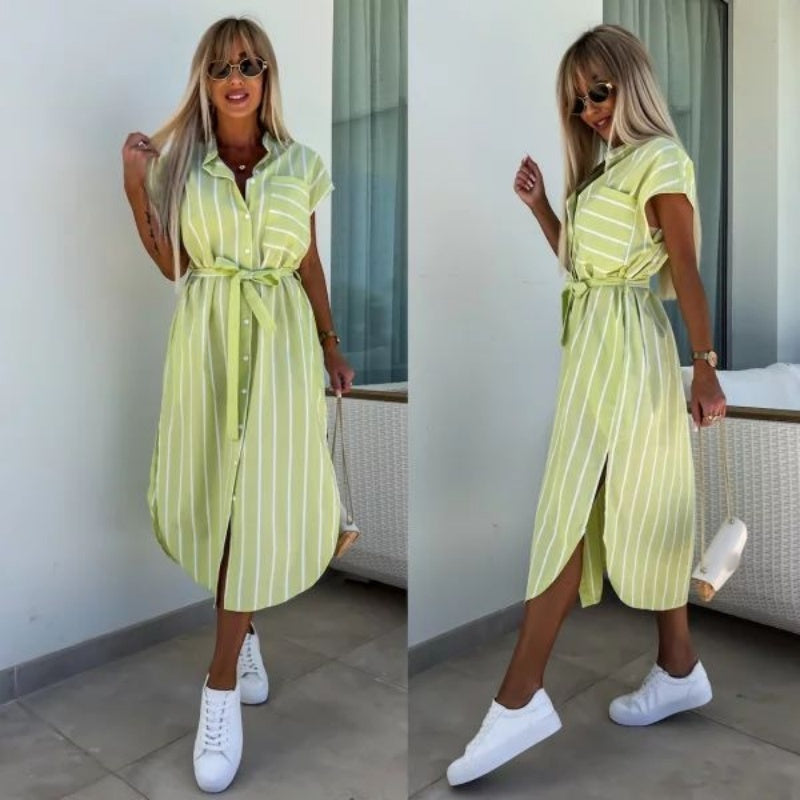 🔥Vestidos camiseros casuales con bolsillos de rayas para mujer-ES
