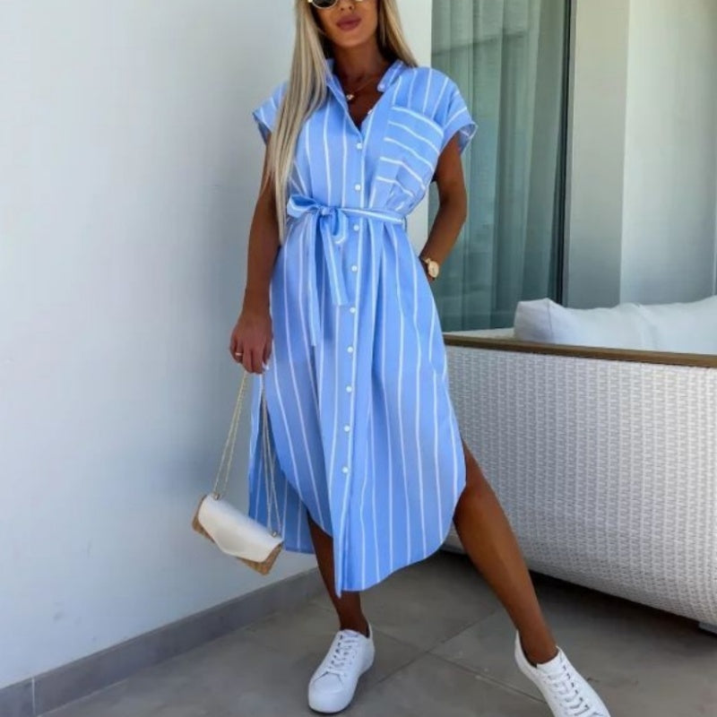 🔥Vestidos camiseros casuales con bolsillos de rayas para mujer-ES